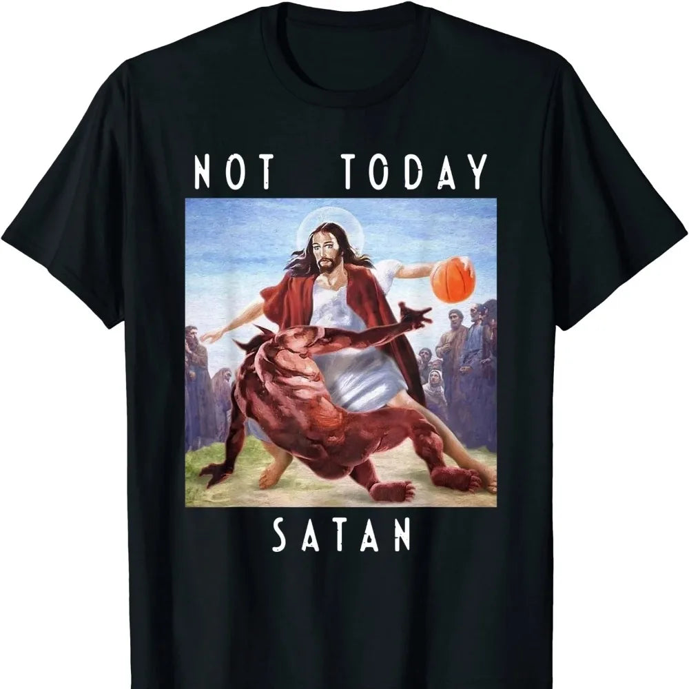 Not Today Satan Jesus vs Satan Playing Basketball T-Shirt Summer Cotton Short Sleeve O-Neck Mens T Shirt