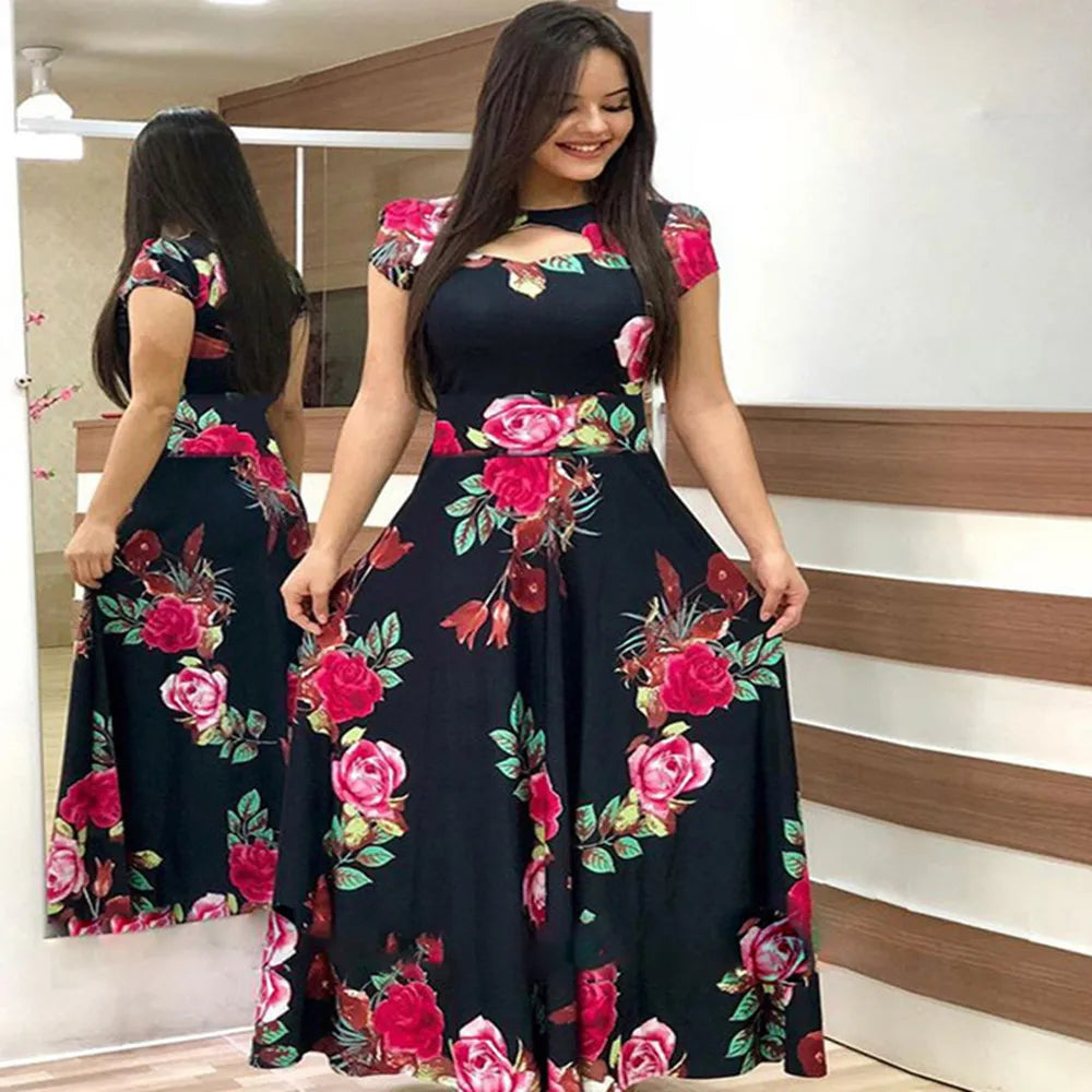 Robe Women's Casual Flower Summer Vestido Short-Sleeved Round Neck Floral Robe Mulheres Maxi Dress 2023 Elegant Kleid