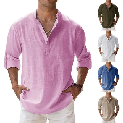 New Men's Linen Long Sleeve T-Shirts Breathable Shirt Solid Color Casual Basic Cotton Linen Shirt Tops