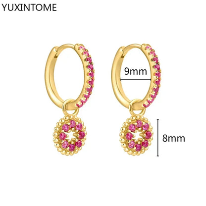 925 Silver Ear Needle Rose Red Hoop Earrings For Women Exquisite Water Drop/Flower/Heart Crystal Piercing Huggie Earring Jewelry