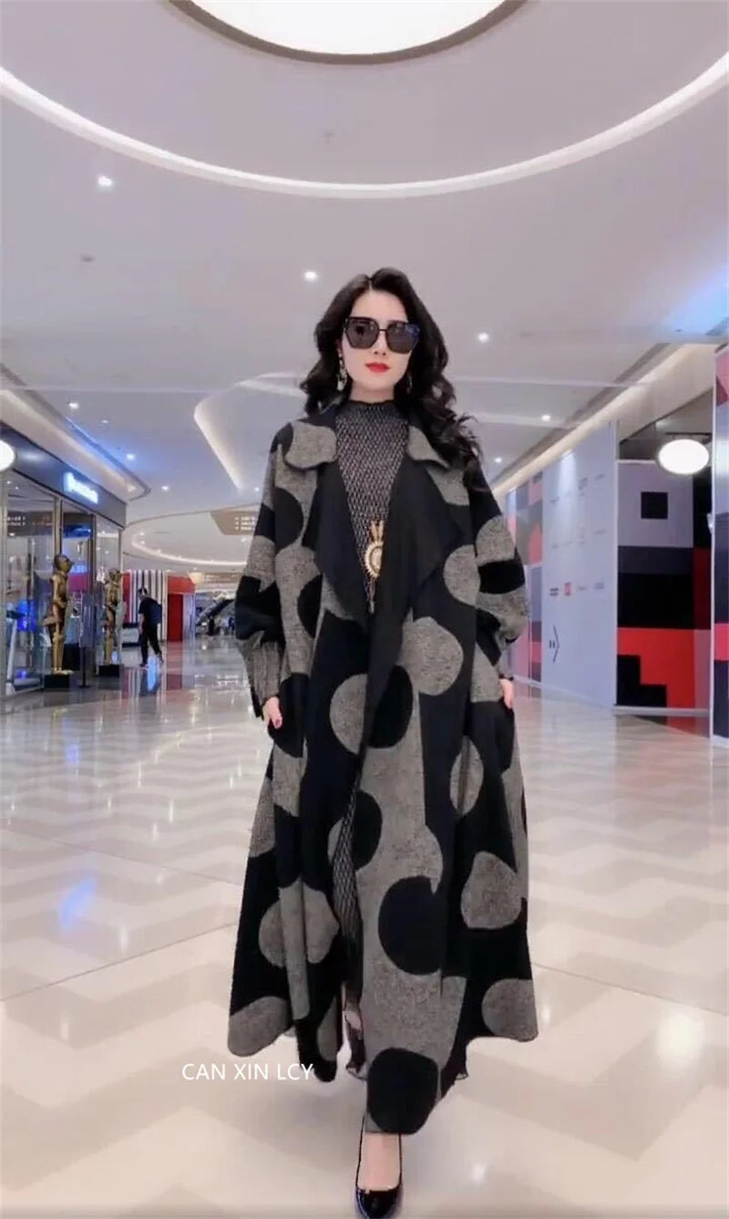 Polka Dot windbreaker For Women Long Windbreaker Loose Large Size L-5XL Overcoat Middle aged Female Wool Trench Coat Outcoat