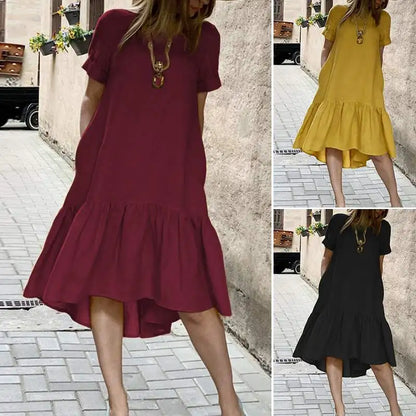 ZANZEA Women Cotton Dresses 2024 Summer Elegant Mid-calf Vestidos Casual Solid Color Short Sleeve Sundress Female O Neck Robe