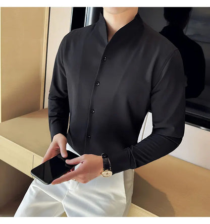 Brand Clothing Men's High Quality V-neck Long Sleeve Shirts Male Slim Fit Fashion Solid Color Office Dress Shirt 4XL-M