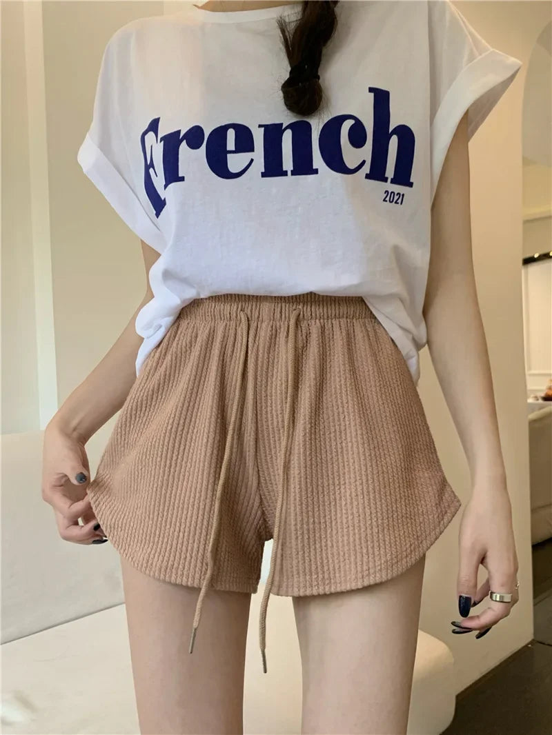 Women Shorts Summer High Elastic Lace Up Drawstring Wide Leg Sweat Short Fitness Running Shorts Loose Casual Large Sports Pants