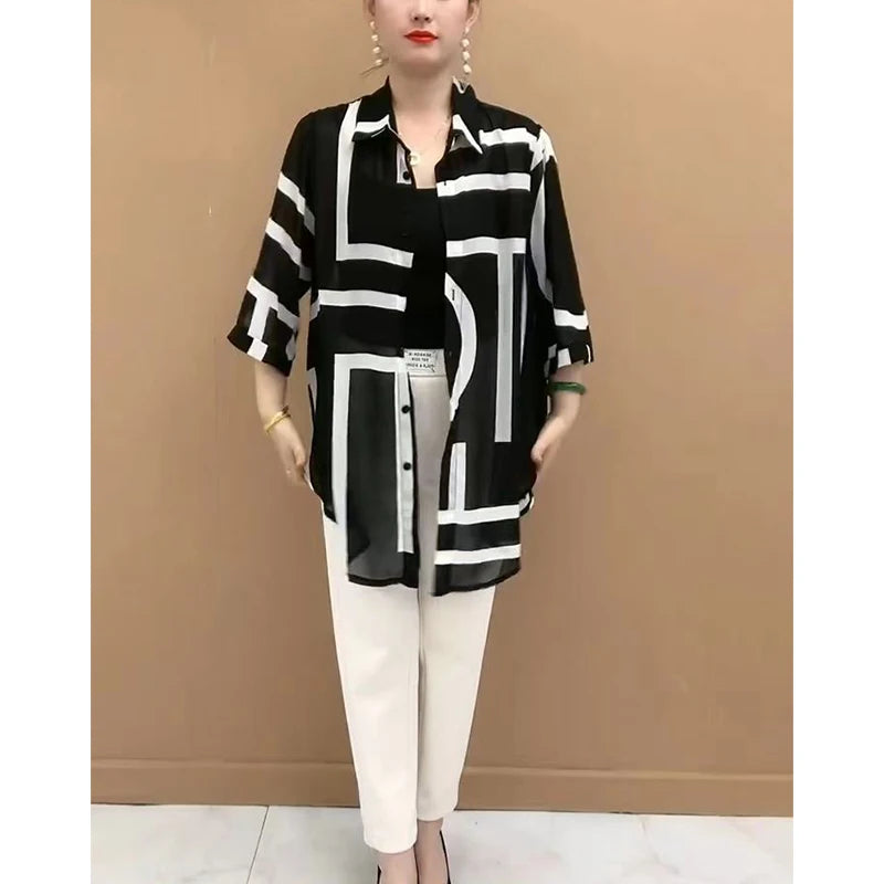 Spring Summer Women's Fashion Printing Loose Casual Blouse Female Long Sleeve Buttons All-match Top Lady Elegant Sunscreen Shirt