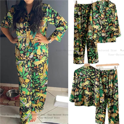 Long Sleeved Pajamas Set Women Rayon Homewear Print 2Pcs Cozy Autumn Spring Nightwear Shirt&pants Loose Trousers Set Loungewear