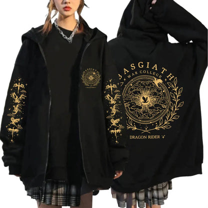 Harajuku Basgiath War College Zip Up Hoodies Men Women Fourth Wing Dragon Rider Cardigan Sweatshirt Oversized Fleece Streetwear