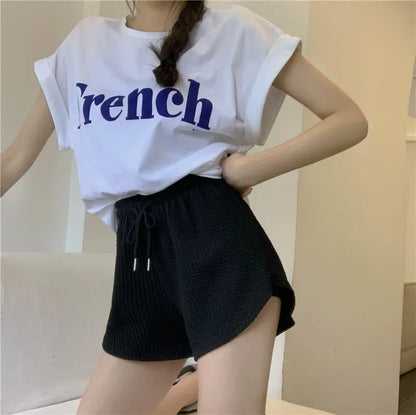 Women Shorts Summer High Elastic Lace Up Drawstring Wide Leg Sweat Short Fitness Running Shorts Loose Casual Large Sports Pants