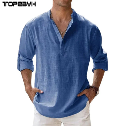 New Men's Linen Long Sleeve T-Shirts Breathable Shirt Solid Color Casual Basic Cotton Linen Shirt Tops