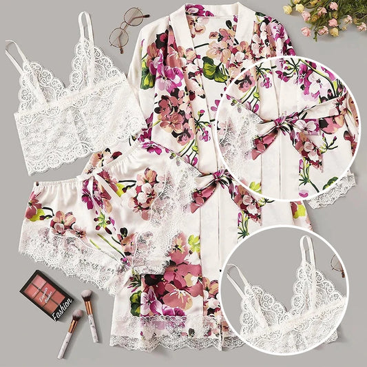 Women's Sexy Fashion Plus Size White Flower Print Three Piece Lace Strap Plus Shorts And Gown Pajama Set