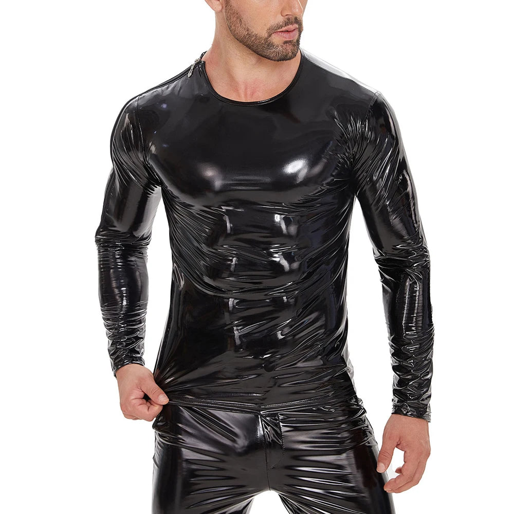 S-7XL Shiny Faux PU Leather Long Sleeve T Shirt Men Wet Look PVC Hot Shapers Tights Shapewear Tshirt Sexy Tee Shirts Tops Body