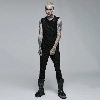 PUNK RAVE Men's Punk Style Daily Stylish Mesh V-neck Short Sleeve T-shirt Men Tank Casual Tops Spring and Summer Tees