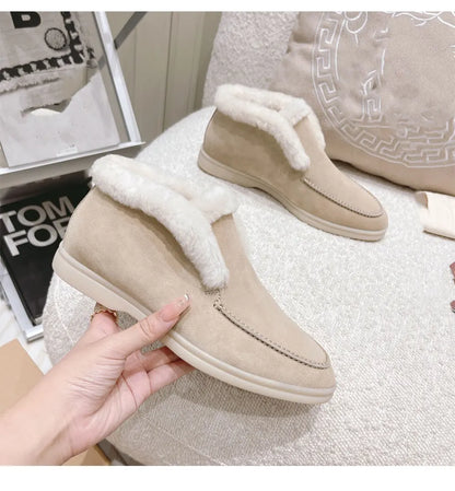 Women's Ankle Boots Black Boots Cow Suede Natural Fur Winter Boots Loafers Women's Slip-On Snow Boots