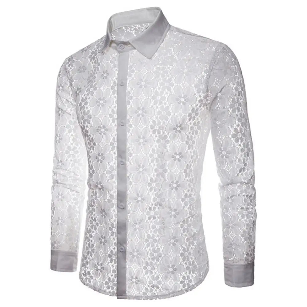 Turn Down Collar Cotton Men Shirts Long Sleeve Buttons Shirt Men Solid Color Sexy Lace See Through Clubwear Down Shirt