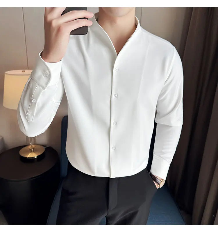 Brand Clothing Men's High Quality V-neck Long Sleeve Shirts Male Slim Fit Fashion Solid Color Office Dress Shirt 4XL-M