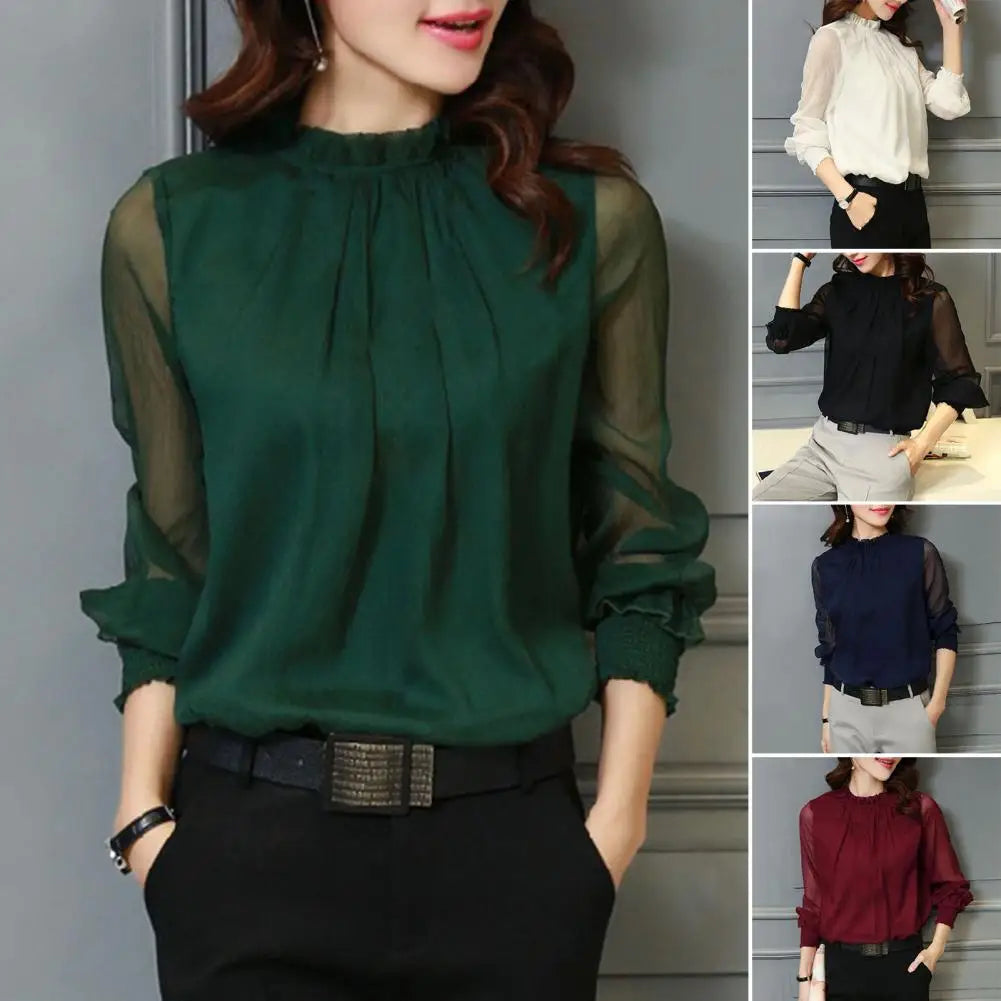 Chiffon Shirt Perspective Net Mesh Sleeve Elastic Cuffs Women Shirt Elegant Ruffle Collar Solid Color