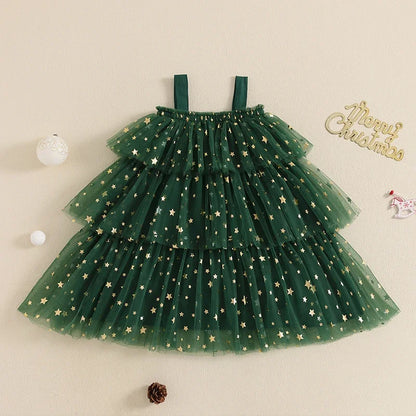 Christmas Costume Kids Girls Green Dress Sleeveless Stars Sequin Layered Tulle Dress Plush Ball Hat Baby Cake Xmas Tree Clothes