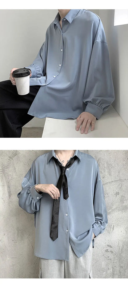 Free Black Tie Long-sleeved Shirts Men Korean Comfortable Blouses Casual Loose Single Breasted Shirt Mens Tshirt Harajuku