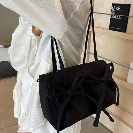 2024 New Korean Bow Nylon Shoulder Bag Fashionable and Sweet Design Tote Bag Folded Large Capacity Commuter Women's Handbag