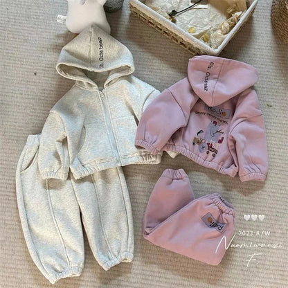 Children's Fleece Suit Tracksuit Set for Boy Girl Baby Clothes Fall  Sweatshirt Cartoon Bear Print Zipper Hoodie Pants Sportwear