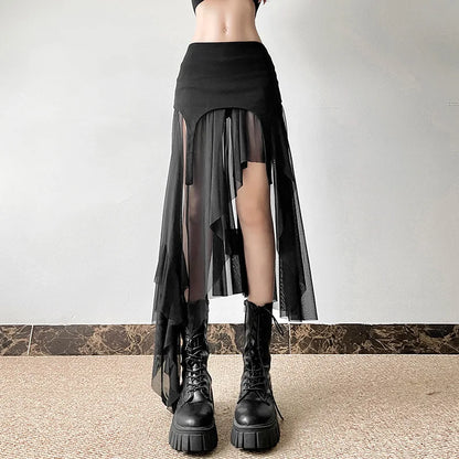 Goth Dark Cyber Y2K Irregular Hem Mid Skirts Harajuku Fashion Streetwear Mesh Patchwork Club Alt Bottoms Punk Skirt for Women