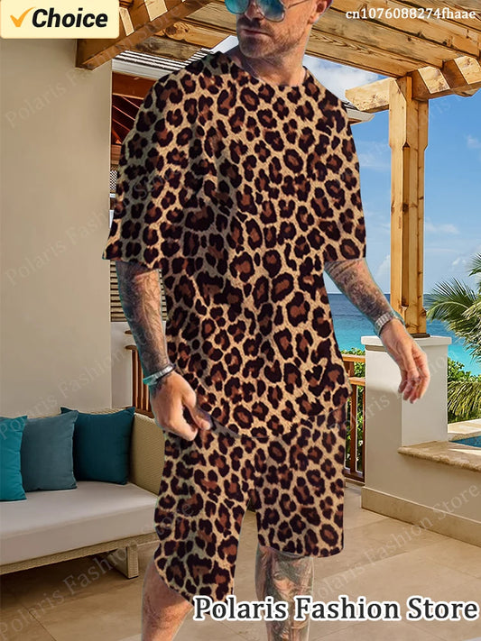 Leopard Print Tracksuit Men Clothes Short Sleeve T Shirt Set Shorts 2 Piece Suit Oversized Casual Vintage Luxury Brand Outfits