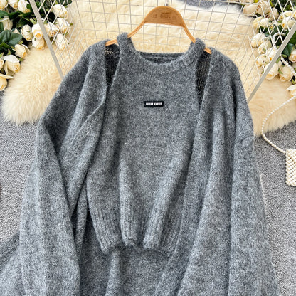 SINGREINY Fashion Solid Cashmere Sweater Long Sleeves Loose Warm Cardigan+Sleeveless Knitting Tank Top Winter Gentle Casual Tops