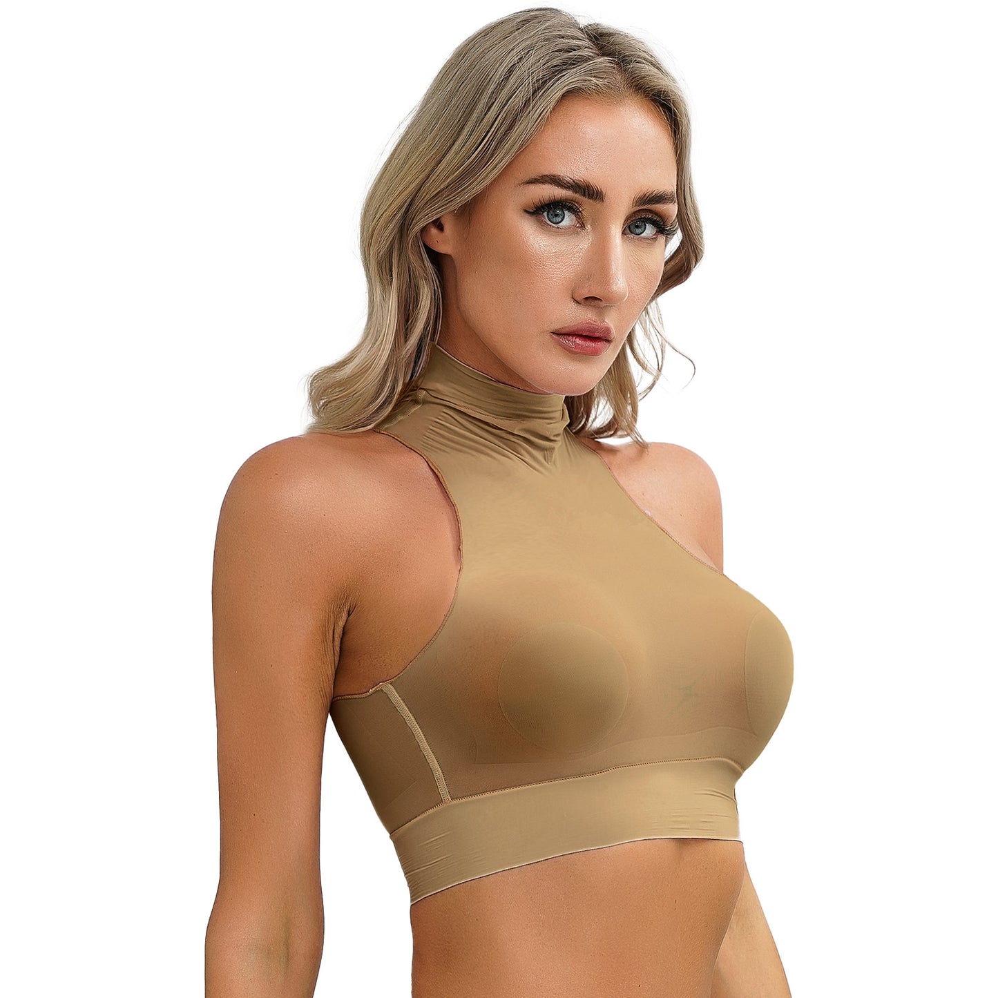 Womens Glossy Crop Tops Mock Neck Sleeveless Sheer See-Through Slim Fit Vest Tops for Swimwear Pool Party Clubwear Nightwear