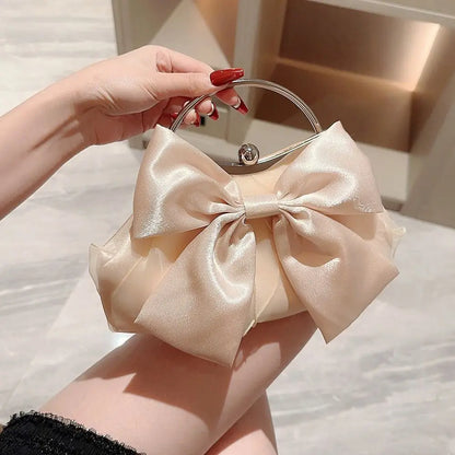 Gold Bright Silk Bowknot Evening Bag Women Elegant Fashion Banquet Clutch Chain Shoulder Bags Luxury Purse Female Party Handbags