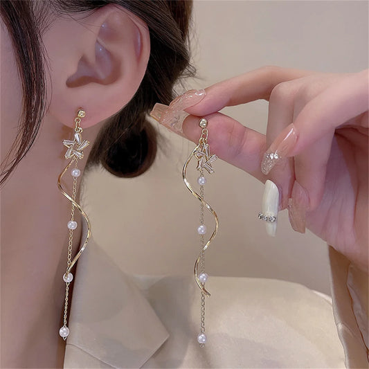 Fashion Exquisite Shining Zircon Star Drop Earrings For Women Gold Color Spiral Long Tassel Pearl Chain Earrings Wedding Jewelry