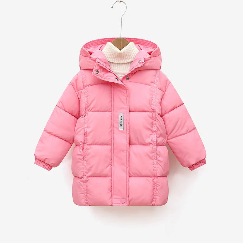 2024 Winter Teen Girls Jacket Long Solid Color Letter Print Thick Keep Warm Hooded Coat For 3-10Y Kids Down Cotton Snow Clothes