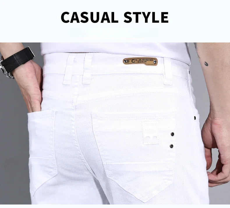 2024 New Men's Pure White Slim Casual Pants Brand Clothing Stretch Straight Gentleman's Suit Long Trousers Classic Style Male