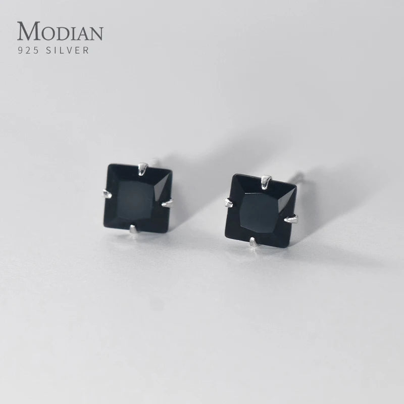 Modian Square CZ Stud Earrings 925 Sterling Silver Platinum Plated Black Cubic Zirconia Hypoallergenic Party Jewelry 3MM 4mm 5mm