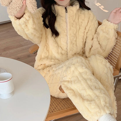 1 Set Winter Women Pajamas Warm Plush 2-Piece Sleepwear Set Stylish Solid Color Elastic High Waist Pullover Pajama Suit