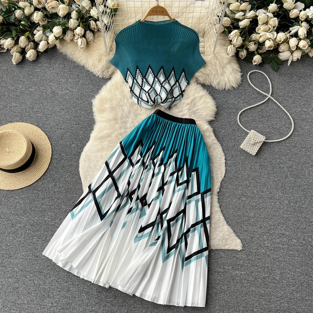 New Summer Runway Pleats Floral Print Two Piece Set Women Half High Collar Stretch Top+Elastic Waist Long Pleated Skirt Outfits