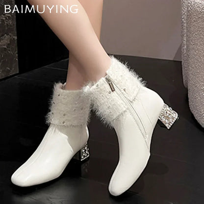 Women Ankle Boots Crystal Fur Leather High Heels Shoes Woman 2025 Trend Pointed Toe Chunky Fashion Elegant Winter Botas De Mujer