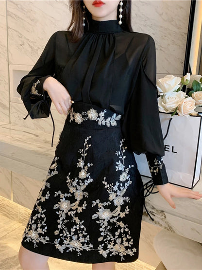 TWOTWINSTYLE Embroidery Two Piece Sets For Women Stand Collar Lantern Sleeve Shirt High Waist A Line Skirt Vintage Set Female