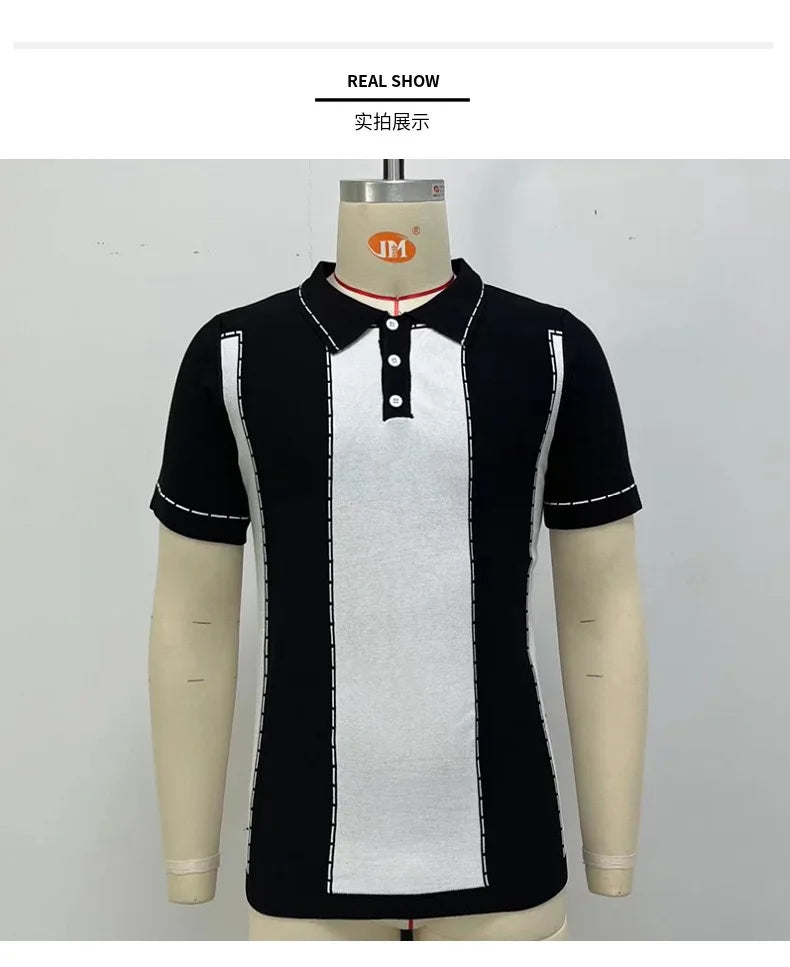 Men's Luxury Knitted Short Sleeve Polo Shirt Casual Patchwork Lapel Button Fashion Solid Color Knitwear Summer Clothing 2025 New