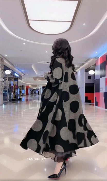 Polka Dot windbreaker For Women Long Windbreaker Loose Large Size L-5XL Overcoat Middle aged Female Wool Trench Coat Outcoat