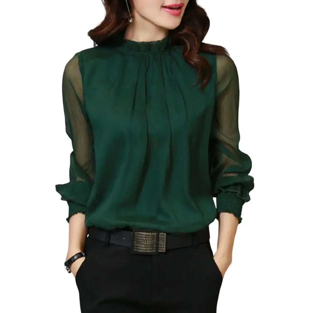 Chiffon Shirt Perspective Net Mesh Sleeve Elastic Cuffs Women Shirt Elegant Ruffle Collar Solid Color