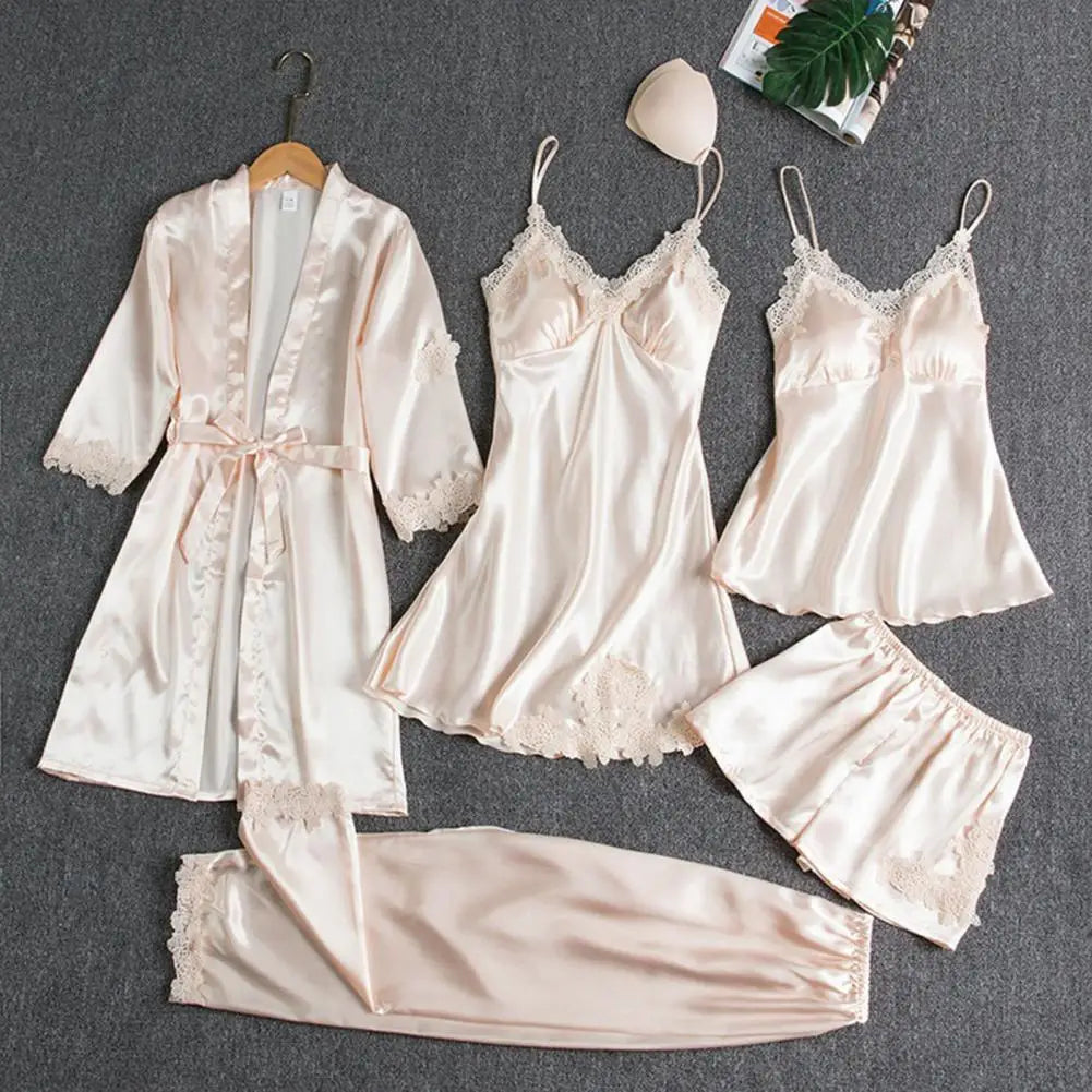 Silk Pajama Set Elegant Satin Lace Patchwork Women's Pajamas Set with Lace-up Waist 5 Piece Nightgown Top Shorts for Comfortable