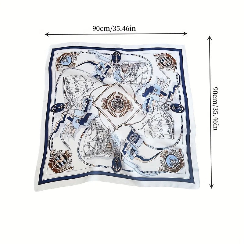 Luxury Large Nautical Print Square Scarf Thin Breathable Silky Neck Scarf Glamorous Style Sunscreen Headscarf