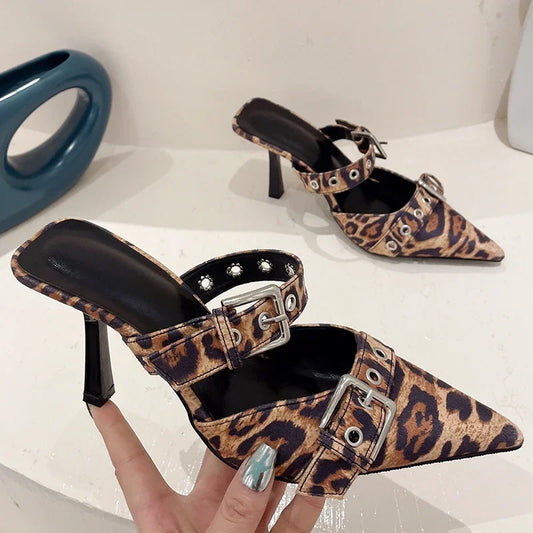 Silvery Female Pumps Luxury Leopard Footwear Ladies High Heels Slides Shoes Sandals Fashion  Thin  Slippers  2024