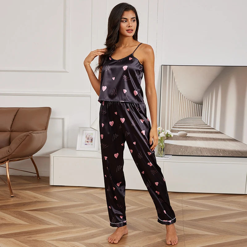 Women's Home Clothes Sexy V Neck Pajama Silk Pajamas Set Sleepwear Satin Cami Vest with Trousers Pajamas 2 Piece Sets Loungewear