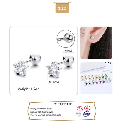 TrustDavis Real 925 Sterling Silver Fashion Geometric Star Colour CZ Screw Stud Earrings For Women Wedding Fine Jewelry DA052