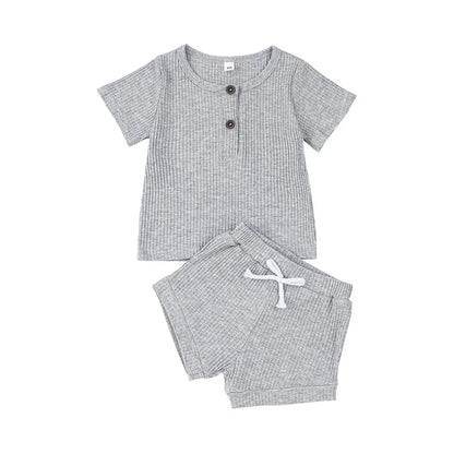 Cotton Casual Summer Newborn Baby Boys Girls Outfits Suit Ribbed Knitted Short Sleeve T-shirts Tops+Shorts 2Pcs Kids Tracksuits