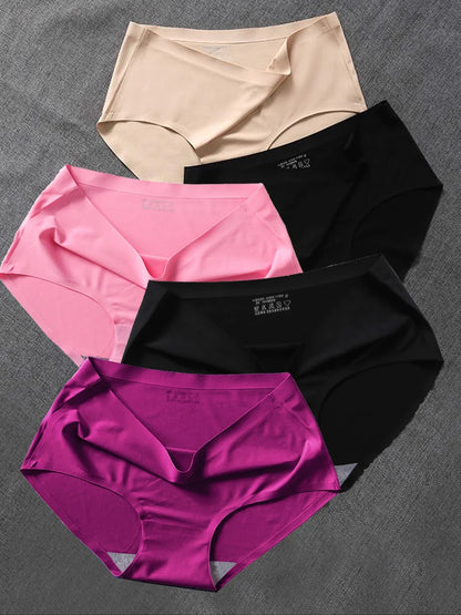 5Pcs Plus Size Panties Women's Underwear Seamless Ice Silk Cooling Fabric Simple Briefs Girls Sexy Lingeries Female Solid Color