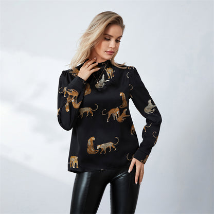 wsevypp Women's Spring Autumn Blouses Retro Leopard Print Long Sleeve Mock Neck Pullover Tops OL Business Basic Shirts