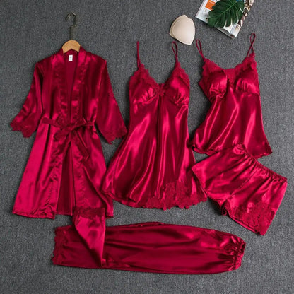 Silk Pajama Set Elegant Satin Lace Patchwork Women's Pajamas Set with Lace-up Waist 5 Piece Nightgown Top Shorts for Comfortable