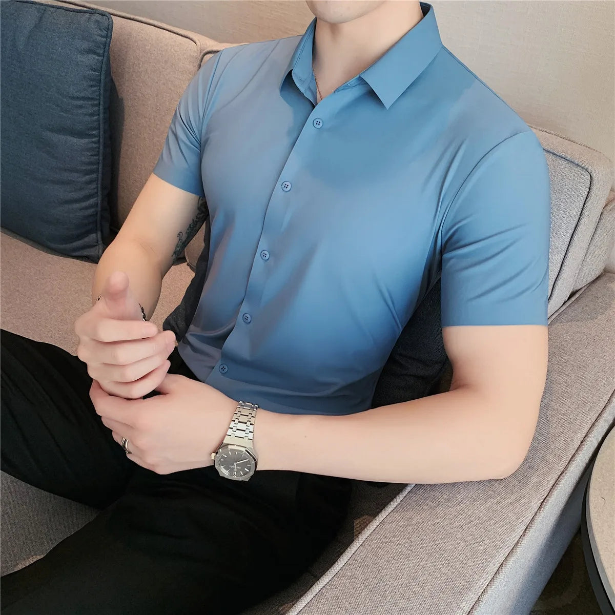 6colors High Quality New Solid High Elasticity Seamless Short Sleeve Shirts Men Slim Social Casual Business Formal Dress Shirt